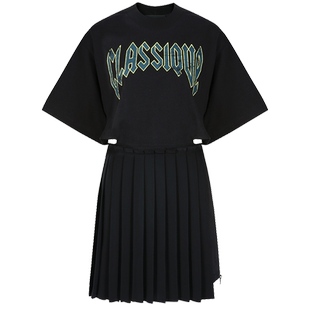 【折扣】YCH 博主同款 设计感腰部挖剪艺术字母印花百褶连衣裙