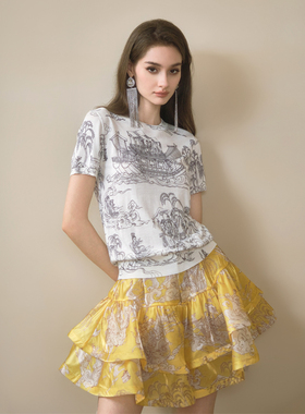 FLONAKED 白色洛神赋手绘印花短袖羊毛针织衣 300170