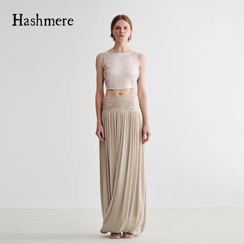 HASHMERE女士时尚优雅垂褶不对称低腰半身裙缎面长裙银泰301612