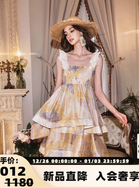 FLO NAKED25新款黄色印花可拆花瓣荷叶边连衣裙银泰百货 300170