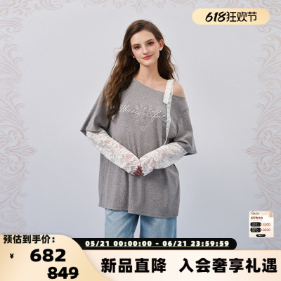 Three Quarters26春夏假两件蕾丝拼接烫钻斜肩T恤银泰百货 301355