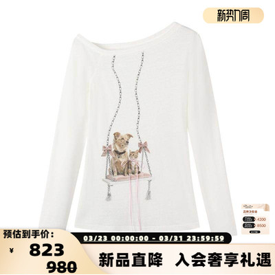Alexia Sandra 26春夏女士印花斜肩修身T恤打底衫银泰百货 301261