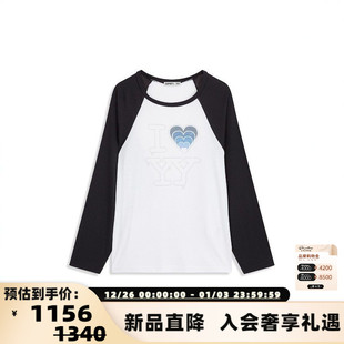 百搭拼色印花圆领长袖 OPEN 女士时尚 26春夏新款 T恤银泰百货