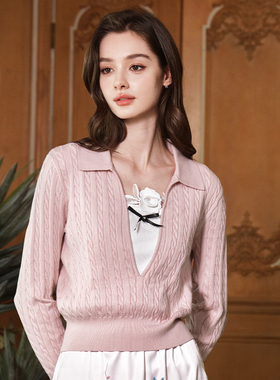 FLONAKED 秋冬新款假两件花朵蕾丝扭纹针织毛衣银泰百货 300170