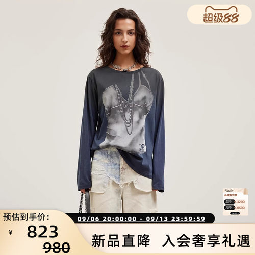 【何洁同款】JAC FLEURANT 26春夏女士做旧印花长袖T恤衫 301489