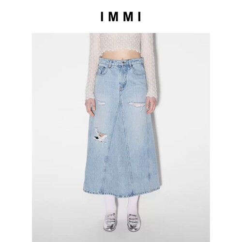 IMMI女士破洞牛仔插片长半裙