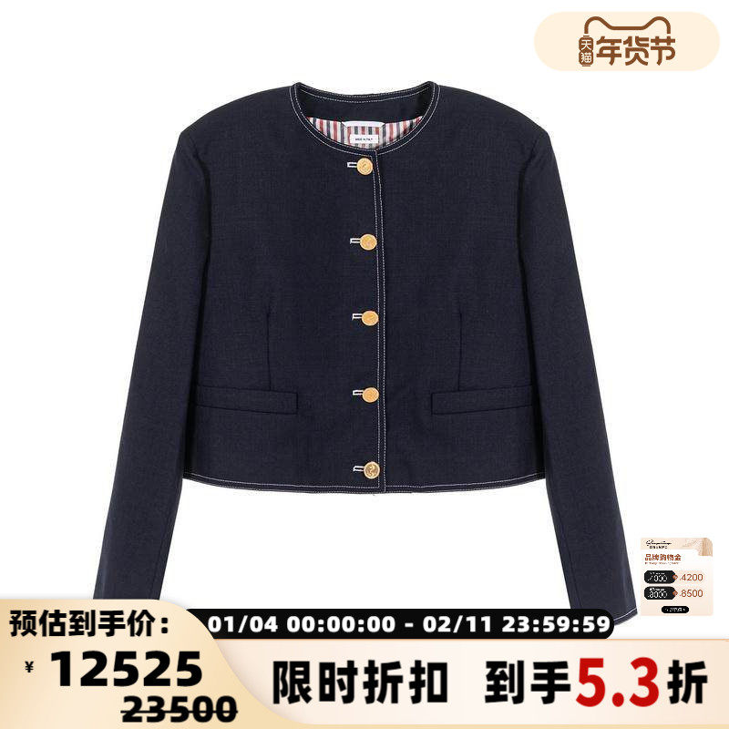 THOM BROWNE 24秋冬新款女士黑色短款圆领夹克外套银泰百货301574,女装/女士精品,短外套,淘宝优惠券,粉丝福利购,淘宝优惠卷