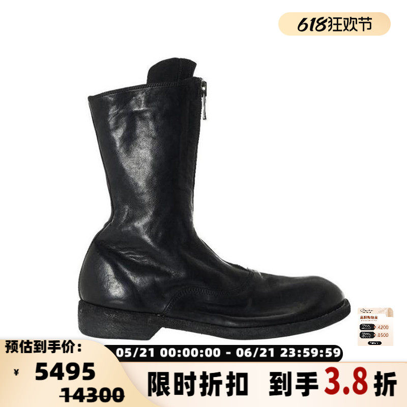 GUIDI女士潮酷手工鞋前拉链真皮中筒靴做旧褶皱时装靴 301604