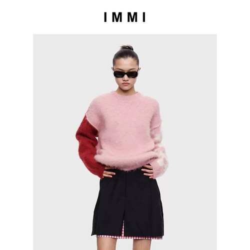 IMMI马海毛棋盘格拼色套头上衣