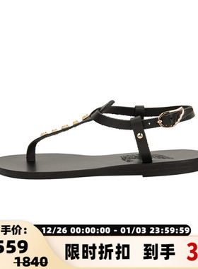 ANCIENT GREEK SANDALS 春夏黑色牛皮革平底夹趾凉鞋银泰百货