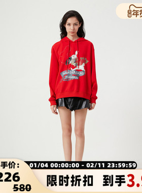 FLONAKED 兔年新年 手绘兔子双面手感棉红色长袖连帽卫衣 300170