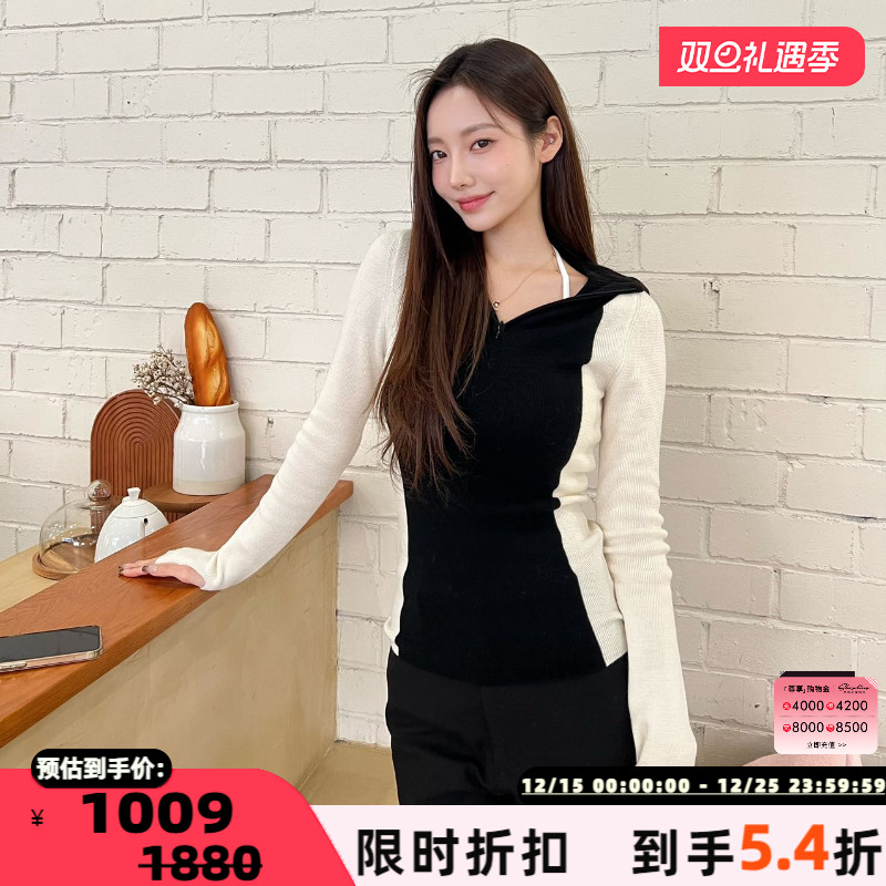 concise-white拼色连帽针织衫