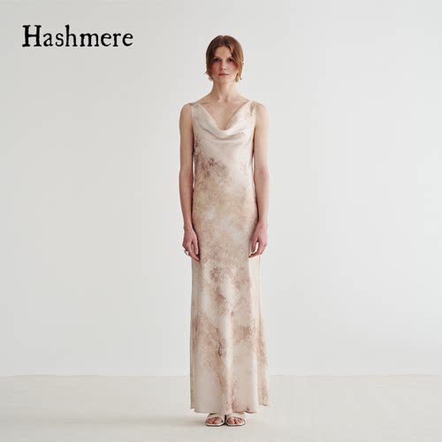 HASHMERE女士优雅性感印花露背荡领长款连衣裙长裙 银泰 301612