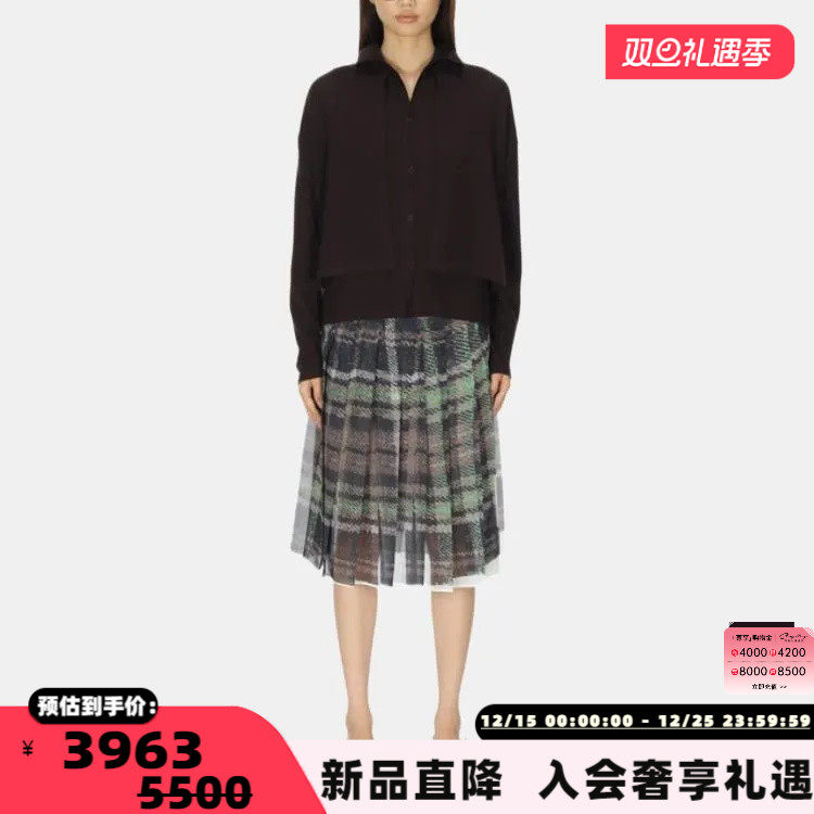 ACNE STUDIOS 25秋冬女士格子贴布百褶中长半身裙银泰百货 301574
