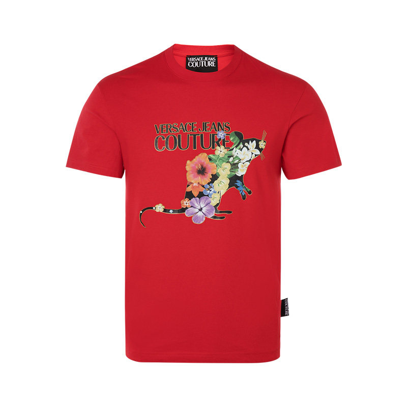 VERSACE JEANS COUTURE 红色棉质花朵字母图案男士T恤初秋打底衫