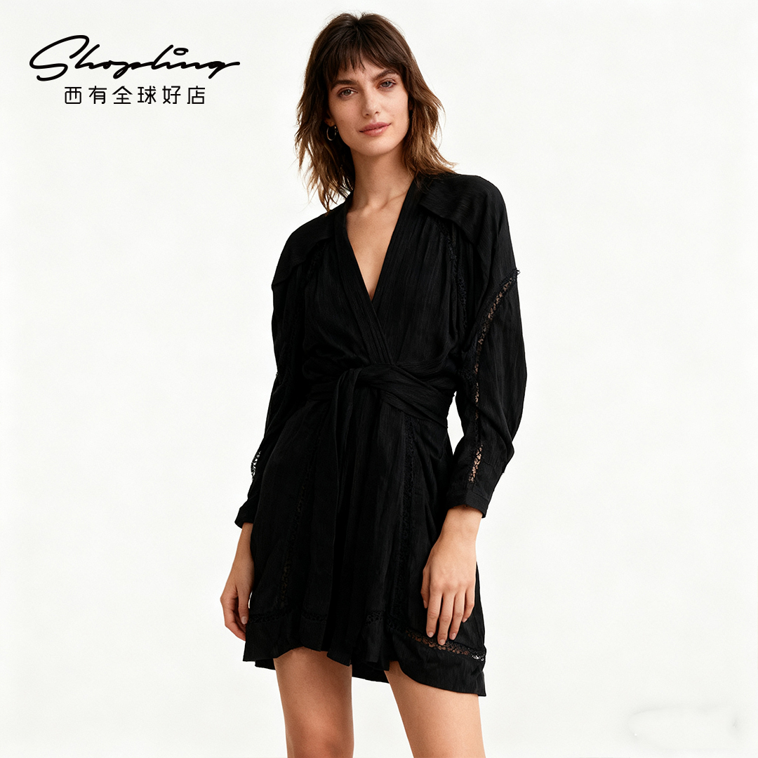 IRO 潮流通勤女士纯色V领蕾丝长袖连衣裙银泰百货 301596