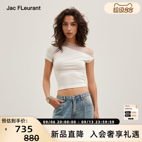 JAC FLEURANT 26春夏新款女士网纱拼接烫钻斜肩短袖T恤上衣301489