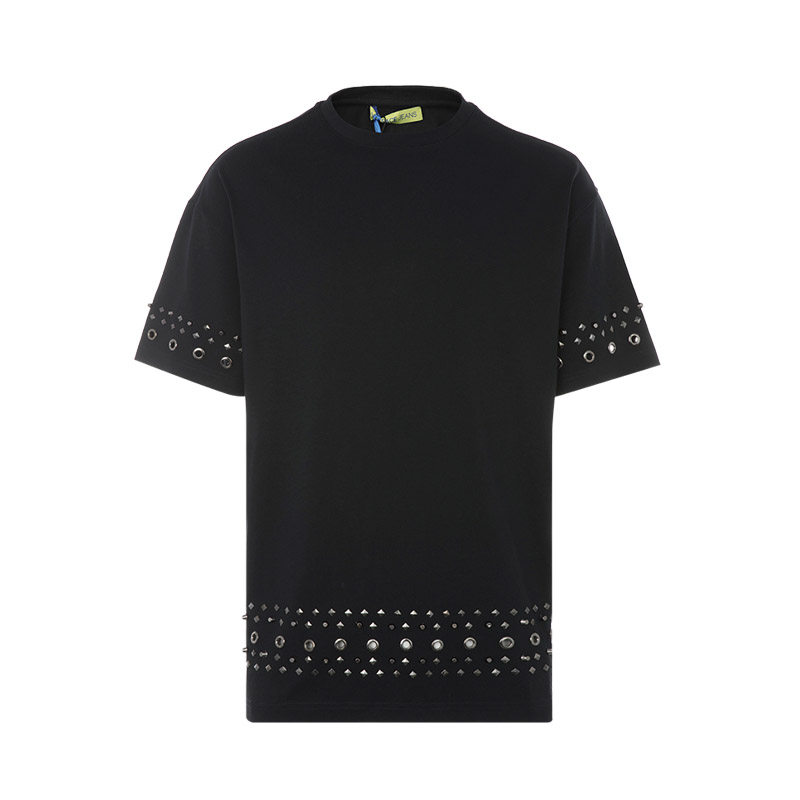 VERSACE JEANS 黑色棉质铆钉装饰 休闲时尚男士短袖T恤