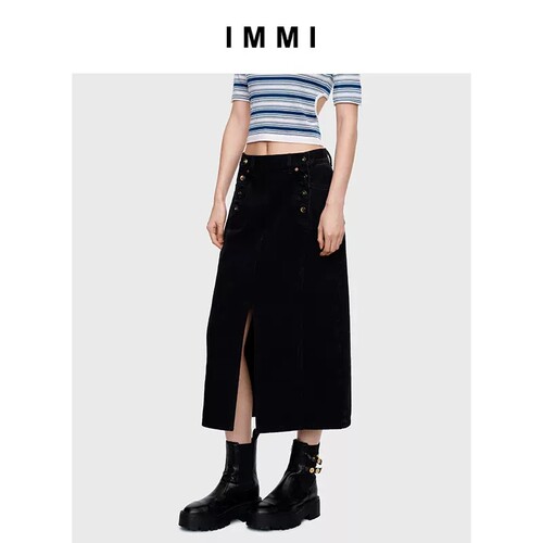 IMMI女士牛仔双门襟开衩半裙