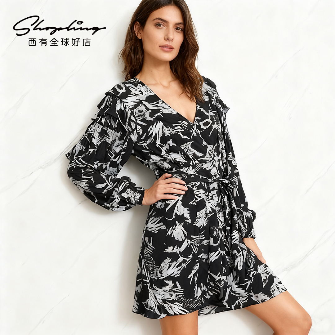 IRO 优雅知性女士V领收腰长袖连衣裙银泰百货 301596