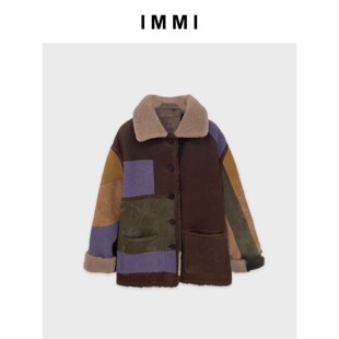 设计师品牌IMMI 秋冬女士拼色皮毛一体双面穿外套短大衣 300124