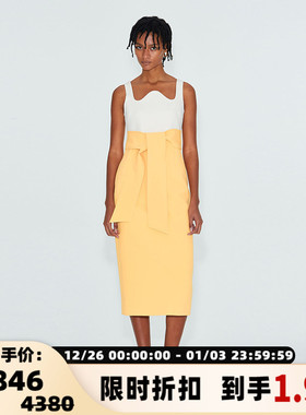 RECTO女士标志性优雅波浪领 腰部系带修身剪裁拼色连衣裙