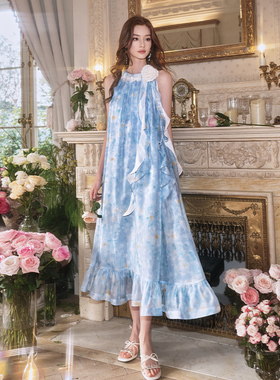 FLONAKED 25印花圆领无袖玫瑰花宽松连衣裙长裙银泰百货 300170