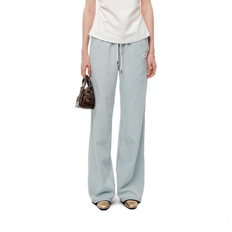 SHROENRO腰头撞色牛仔阔腿裤