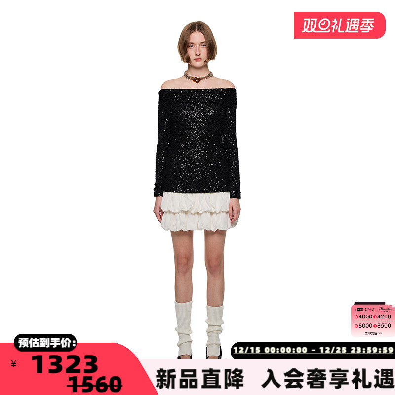 SHRO ENRO Perfect distance 可拆卸亮片撞色一字肩连衣裙 301469