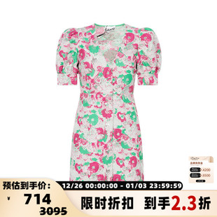 A字型连衣裙 V领短袖 GANNI 复古甜美花卉图案女士泡泡袖