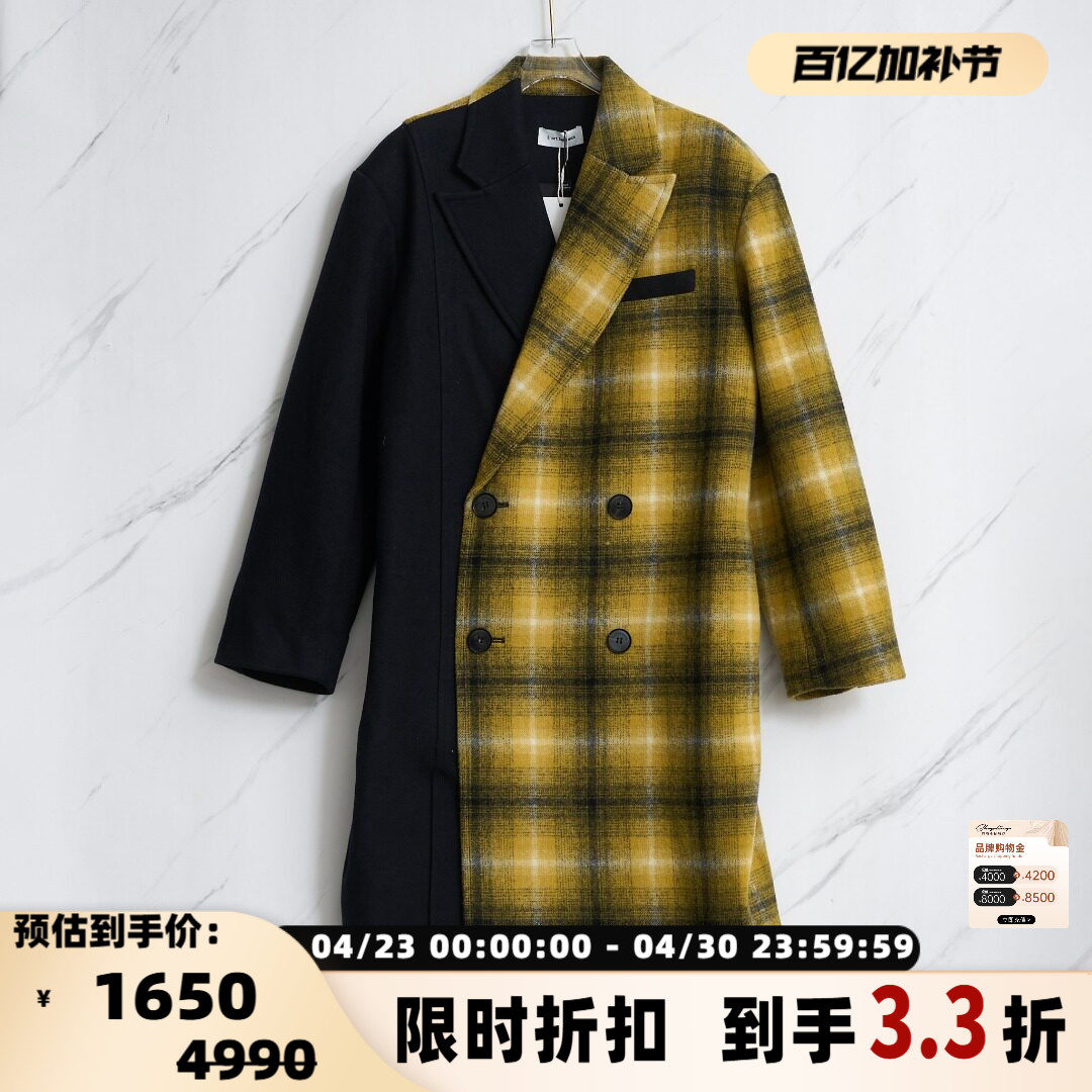 SHORT SENTENCE秋冬女士格纹拼接双排扣大衣银泰百货精品 301596