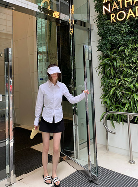 OTee条纹polo领长袖衬衫女春季纯棉防晒收腰显瘦气质衬衣