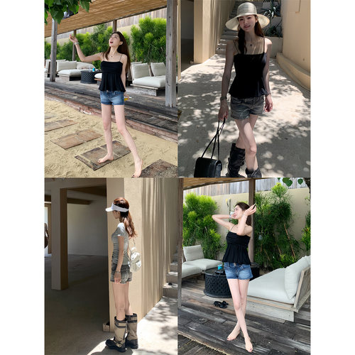 AELYNN低腰做旧纹理牛仔短裤女