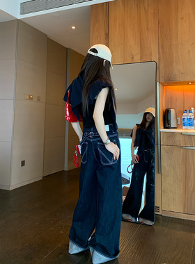 OTee丹宁色翻边牛仔裤2026新款女春季设计感阔腿显瘦裤子