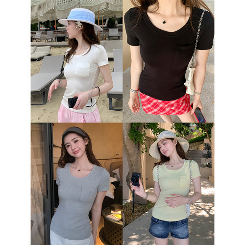 AELYNN韩系纯色u领短袖t恤女夏