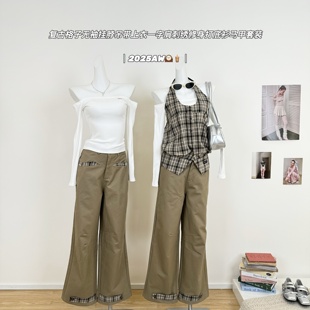 马甲套装 M.Y原创 打底衫 挂脖吊带上衣一字肩刺绣修身 复古格子无袖