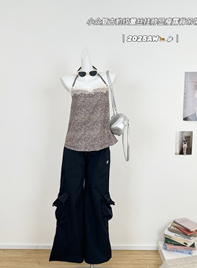 M.Y原创私服 招牌豹豹 小众复古豹纹蕾丝挂脖显瘦露背吊带背心