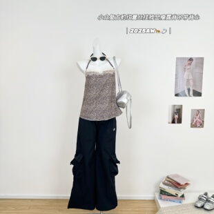 M.Y原创私服 小众复古豹纹蕾丝挂脖显瘦露背吊带背心 招牌豹豹