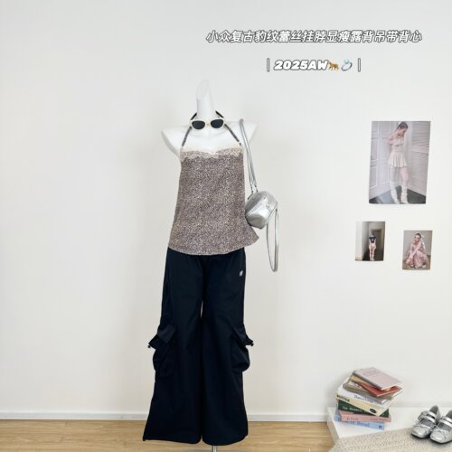 M.Y原创私服 招牌豹豹 小众复古豹纹蕾丝挂脖显瘦露背吊带背心