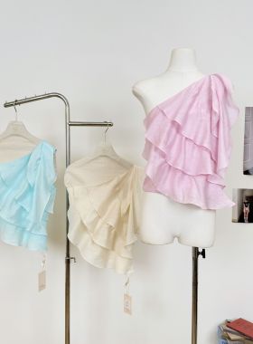 M.Y原创 '柔光漫纱'57莱赛尔亚麻多层荷叶边飘带单肩吊带短款上衣