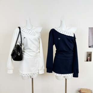 t恤女波点拼接设计感露肩温柔韩系上衣 斜肩长袖 M.Y原创设计 秋季