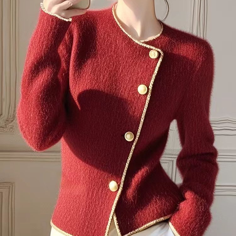 小香风酒红色加厚毛衣外套外穿2024冬季圣诞女装内搭打底针织开衫