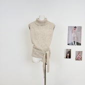 M.Y原创设计 高领羊毛无袖 可系带针织马甲上衣女