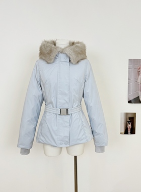 M.Y原创 50白鸭绒浅蓝色羽绒服腰带收腰显瘦加厚保暖滑雪服外套