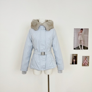 M.Y原创 50白鸭绒浅蓝色羽绒服腰带收腰显瘦加厚保暖滑雪服外套