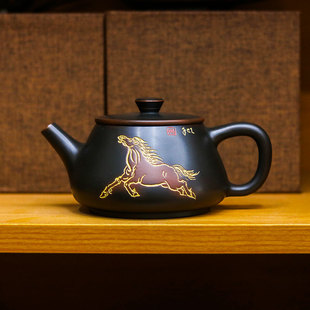 广西钦州坭兴陶茶壶公司定制伴手礼泡茶壶手工原矿马到成功石瓢壶