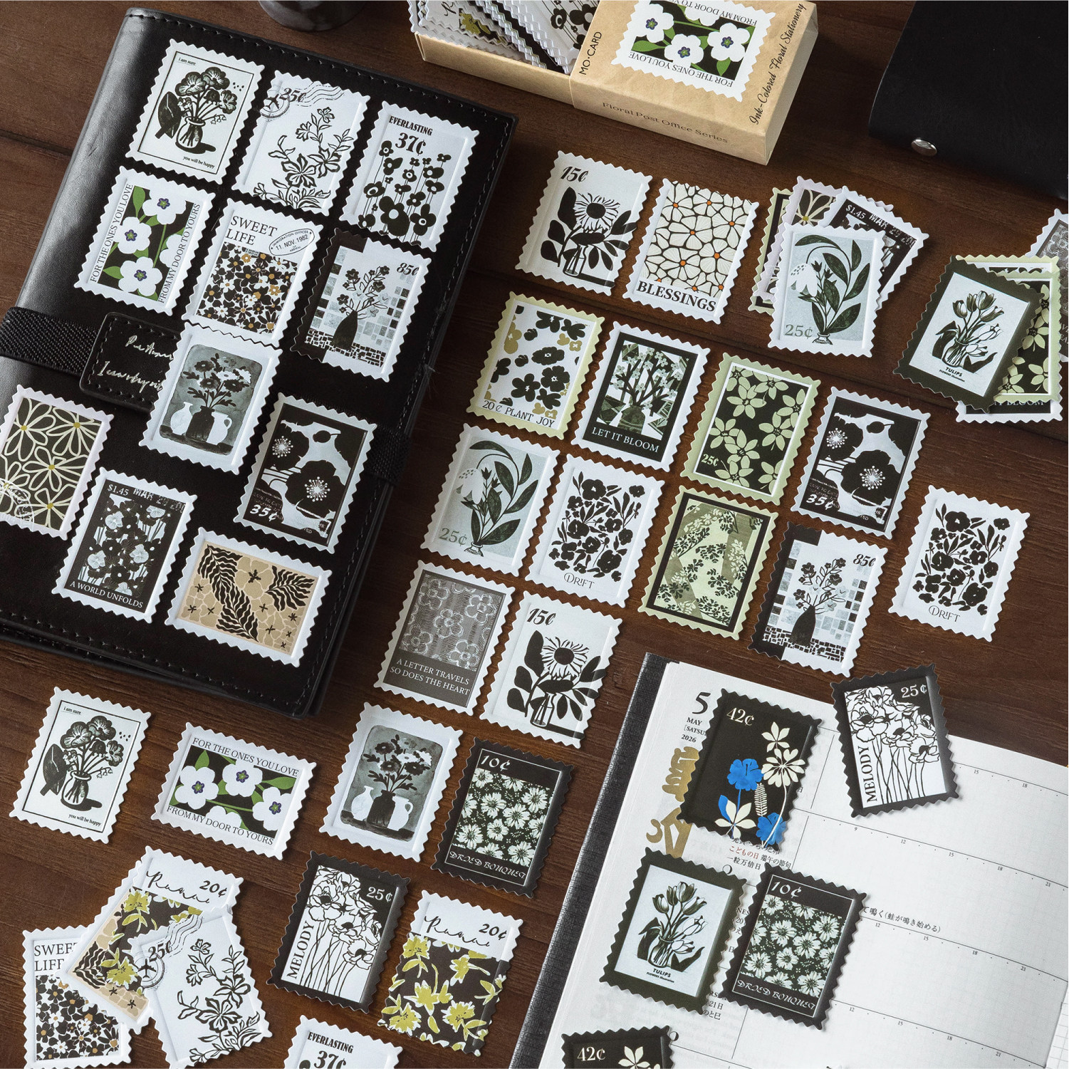 复古花卉插画浮雕火柴盒邮票贴纸图片
