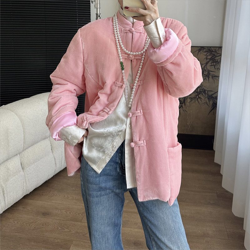 周小桃 新中式国风真丝绒冬季女棉服外套盘扣设计感小众加厚棉衣