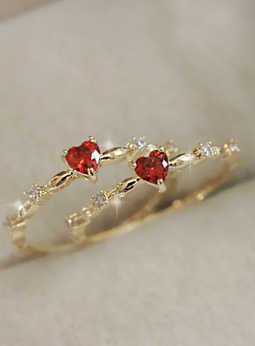 华杰日系agete女戒仙女风优雅红色锆石桃心戒指浪漫心形食指戒