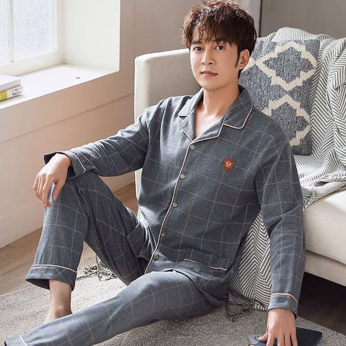 纯棉睡衣男士长袖春秋季秋冬男款胖子家居服套装加大码5XL